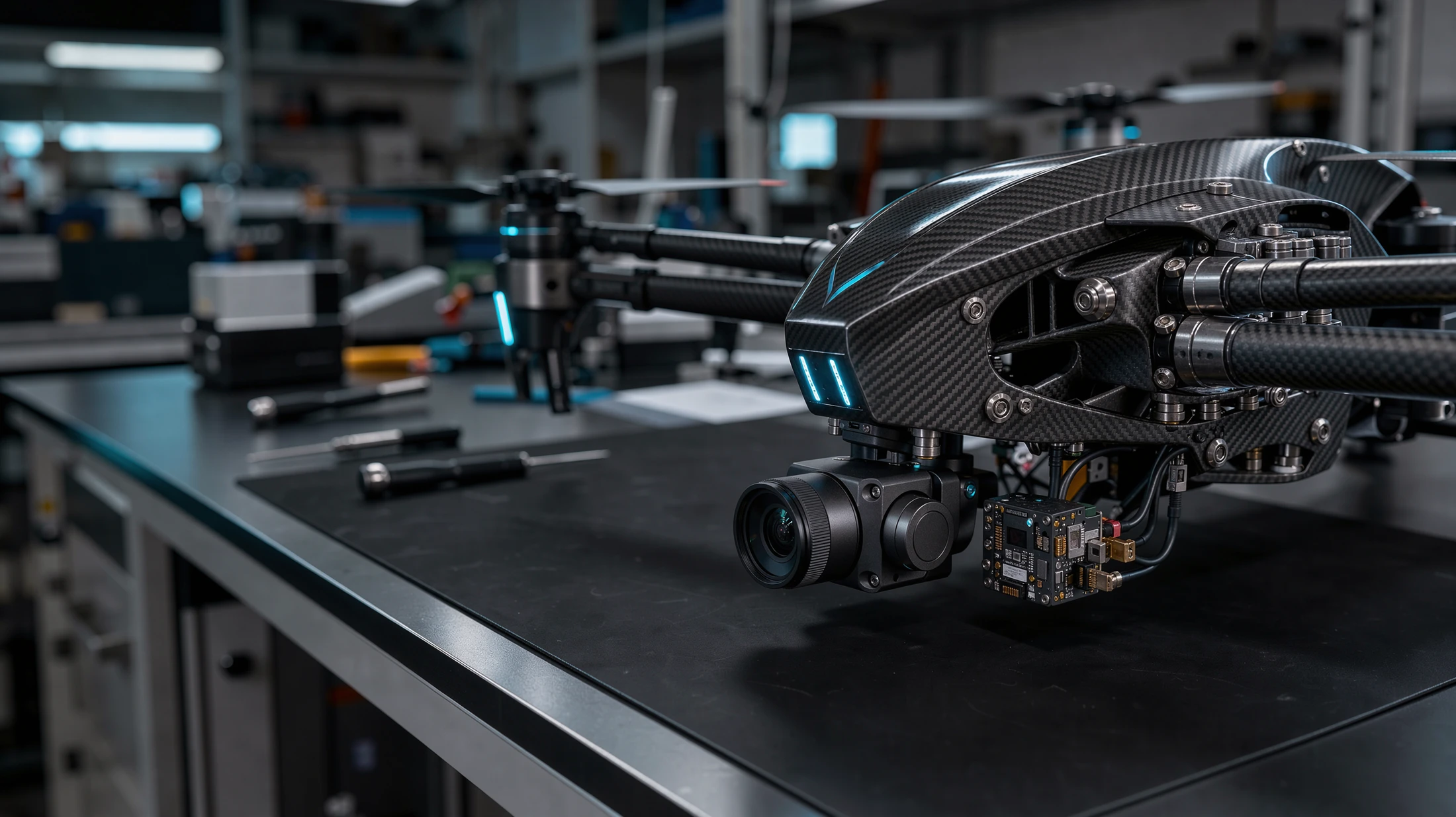 Concept macro photography of carbon fiber and precision drone components
